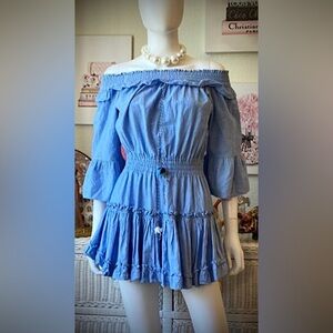 Misa Los Angeles Mini Dress Tiered chambray Cotton Ruffles in Blue Size XS
